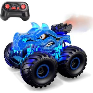 imageThreeking 118 Dinosaur RC Car Remote Control Cars Trucks Toy 4WD OffRoad Car Toys with Lights Spray Suitable for All Terrain Gifts Presents for BoysGirls Ages 6 BlueBlue