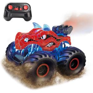 imageThreeking 118 Dinosaur RC Car Remote Control Cars Trucks Toy 4WD OffRoad Car Toys with Lights Spray Suitable for All Terrain Gifts Presents for BoysGirls Ages 6 BlueRed